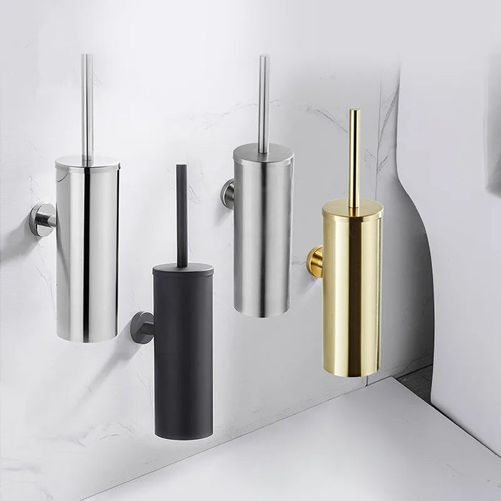 Matte black wall-mounted toilet brush, sleek bathroom accessory for contemporary home decor.