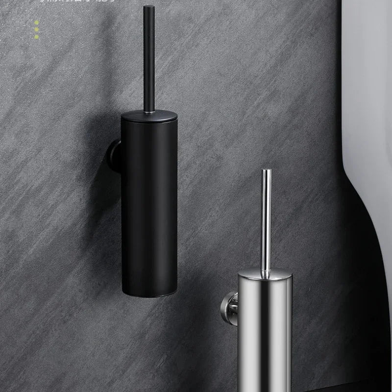 Brushed nickel wall-mounted toilet brush, durable stainless steel for bathroom hygiene.