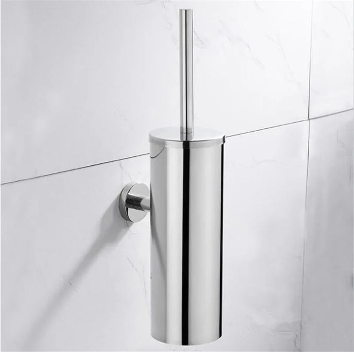 Wall-mounted toilet brush with durable stainless steel, perfect modern bathroom accessory.