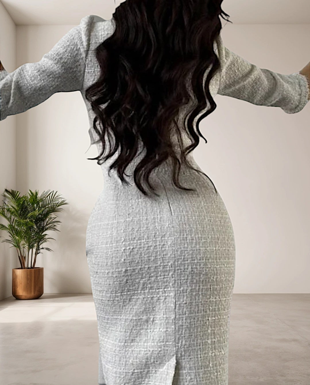Elegant women's white tweed round neck dress, a chic party dress or stylish casual outfit for any occasion.
