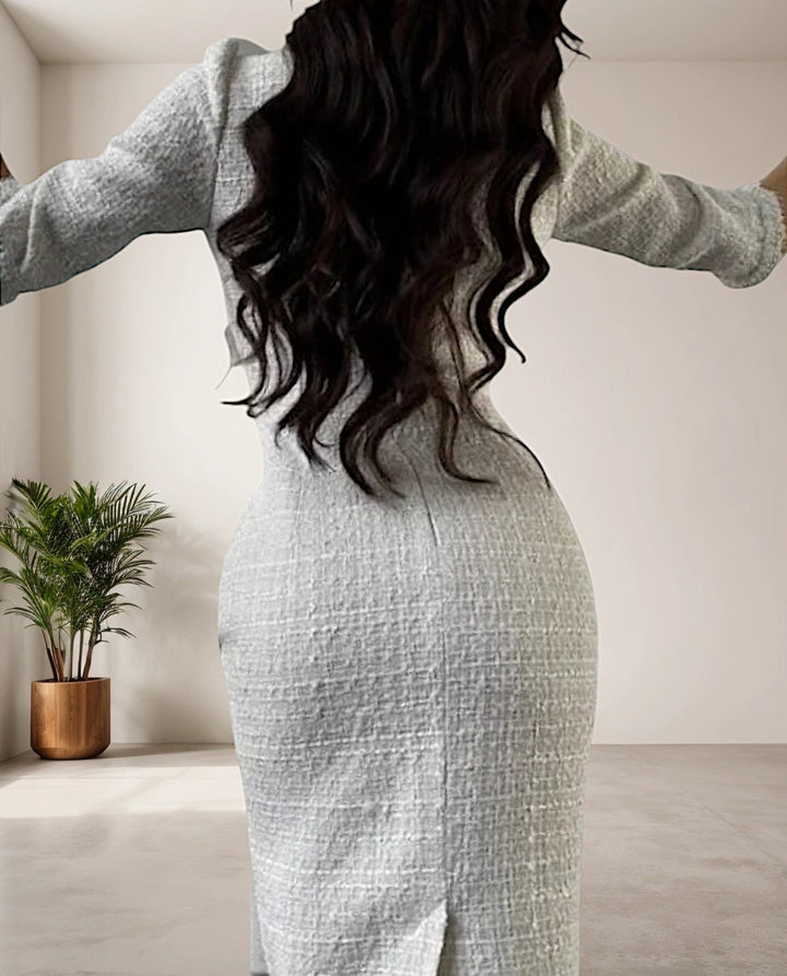 Elegant women's white tweed round neck dress, a chic party dress or stylish casual outfit for any occasion.
