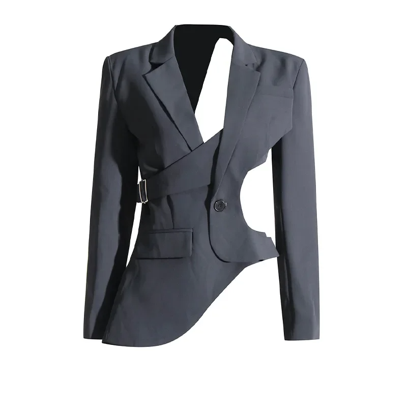 Elegant gray asymmetric blazer with stylish cutout detail, versatile outerwear for modern women's fashion.