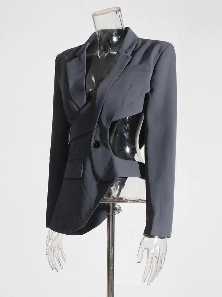 Sophisticated black asymmetric cutout blazer, a chic formal jacket for professional and stylish women.