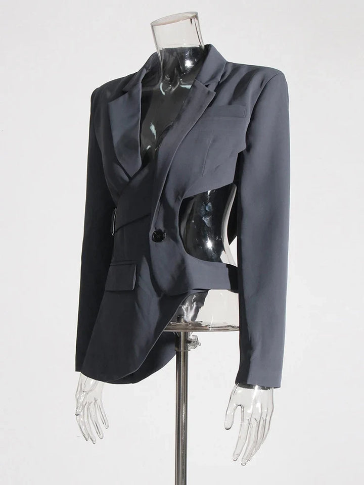 Sophisticated black asymmetric cutout blazer, a chic formal jacket for professional and stylish women.
