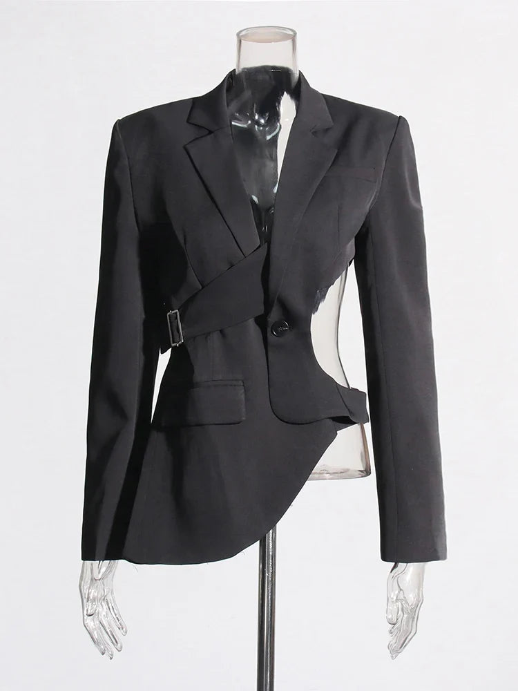 Contemporary women's asymmetric cutout blazer, a sleek and elegant jacket for modern formal occasions.