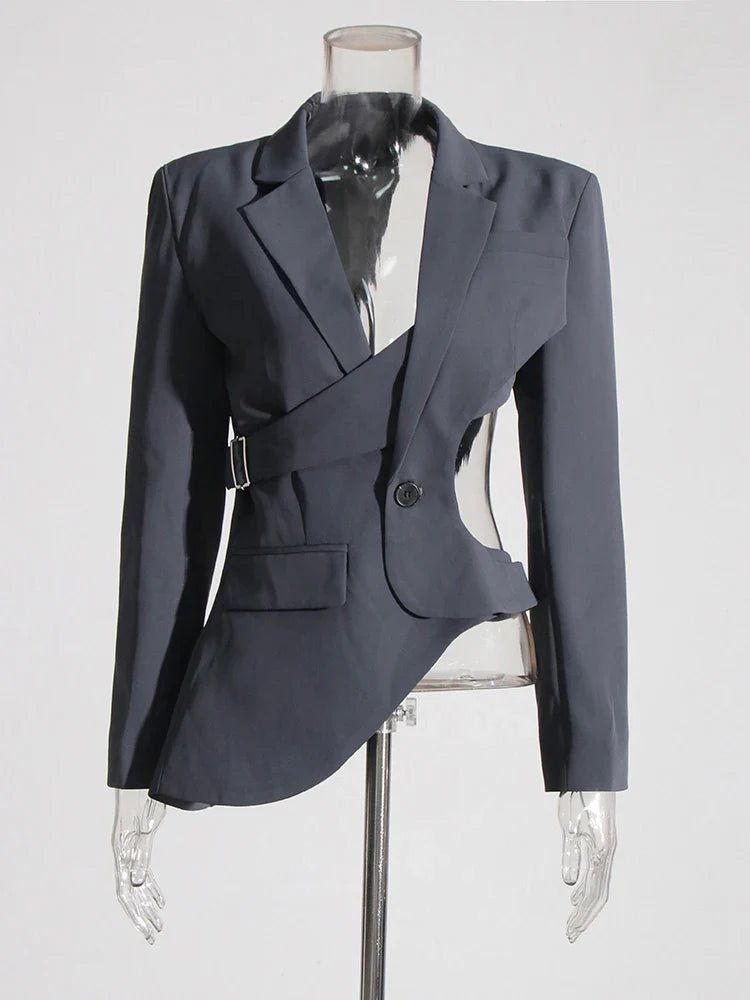 Fashionable gray asymmetric blazer, a modern cutout jacket offering professional elegance & versatility.
