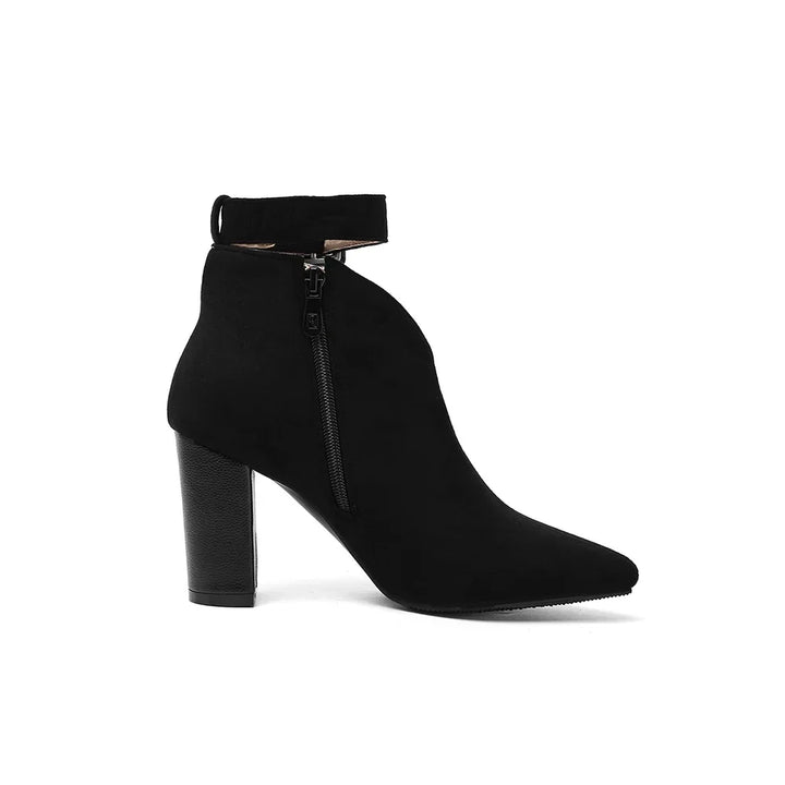 Chic women's fashion buckle ankle boots with a sophisticated pointed toe and comfortable block heel.