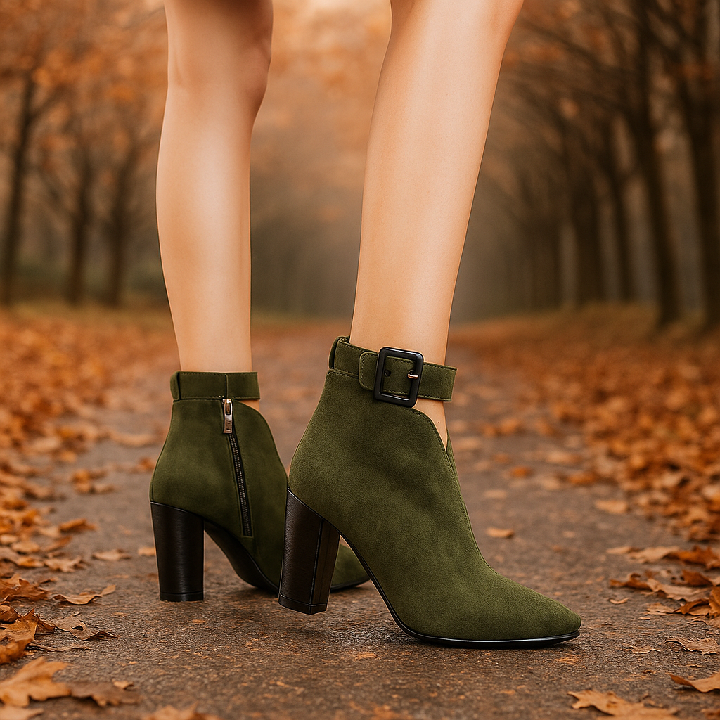 Stylish women's fall/winter ankle boots with buckle, pointed toe & comfortable block heel.
