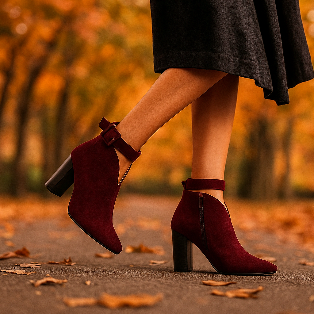 Side view of women's black buckle ankle boots, showcasing pointed toe & stable block heel.