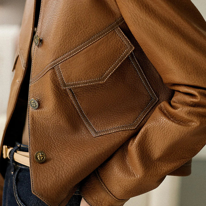 Versatile brown cropped blazer jacket for women, featuring a lapel collar & modern chic appeal.