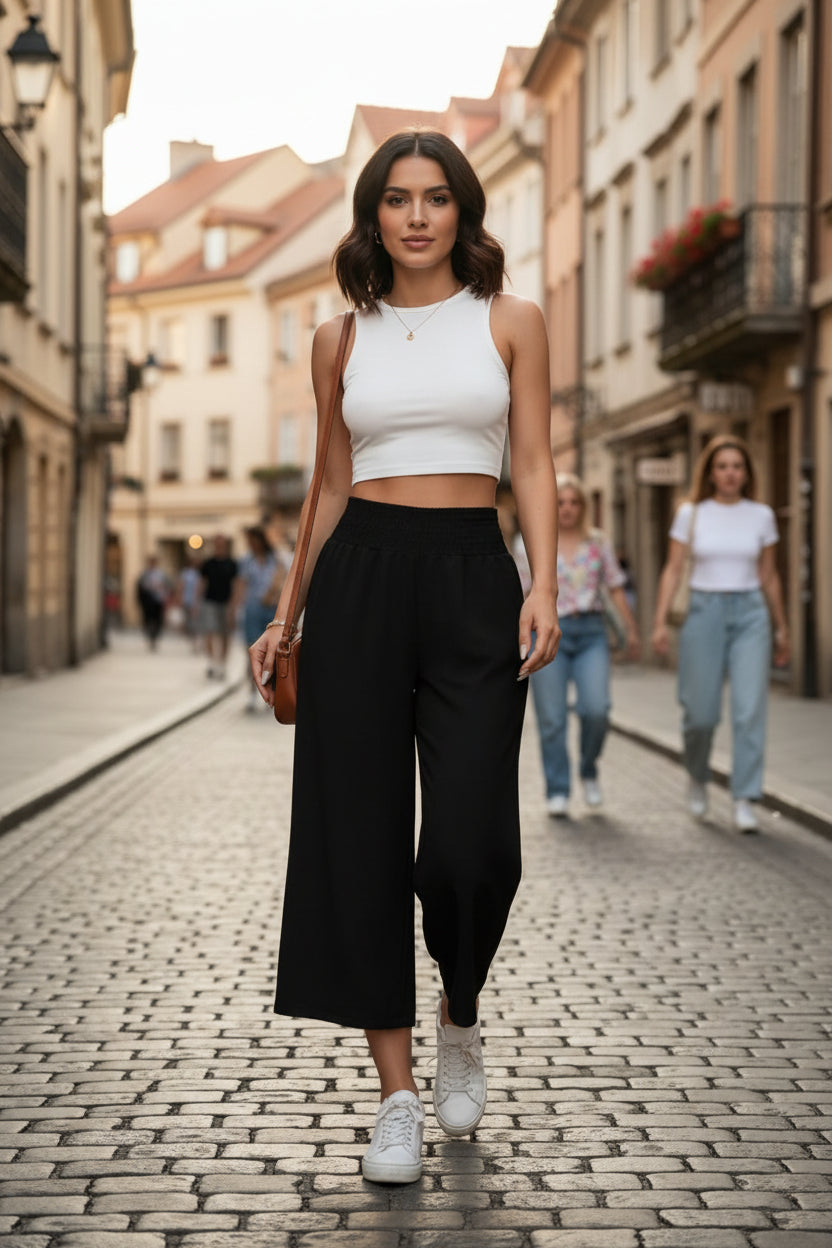 Stylish women's cropped wide-leg summer pants, versatile for casual outings or chic office wear. Available in black.