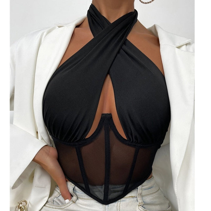 Flattering black sleeveless halter neck corset top for women. Modern fashion for a chic and versatile look.