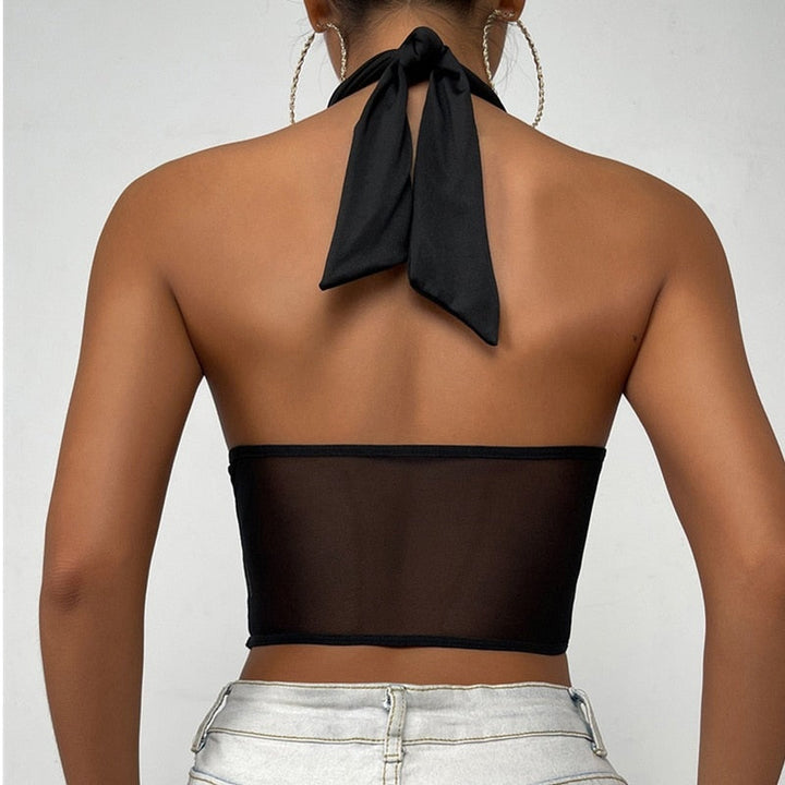 Stylish women's black halter top with a corset design. Perfect for casual outfits or fashionable going-out wear.