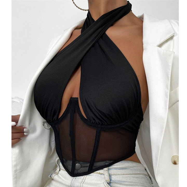 Trendy black halter neck corset top for women, offering a sleek and versatile style for any occasion.
