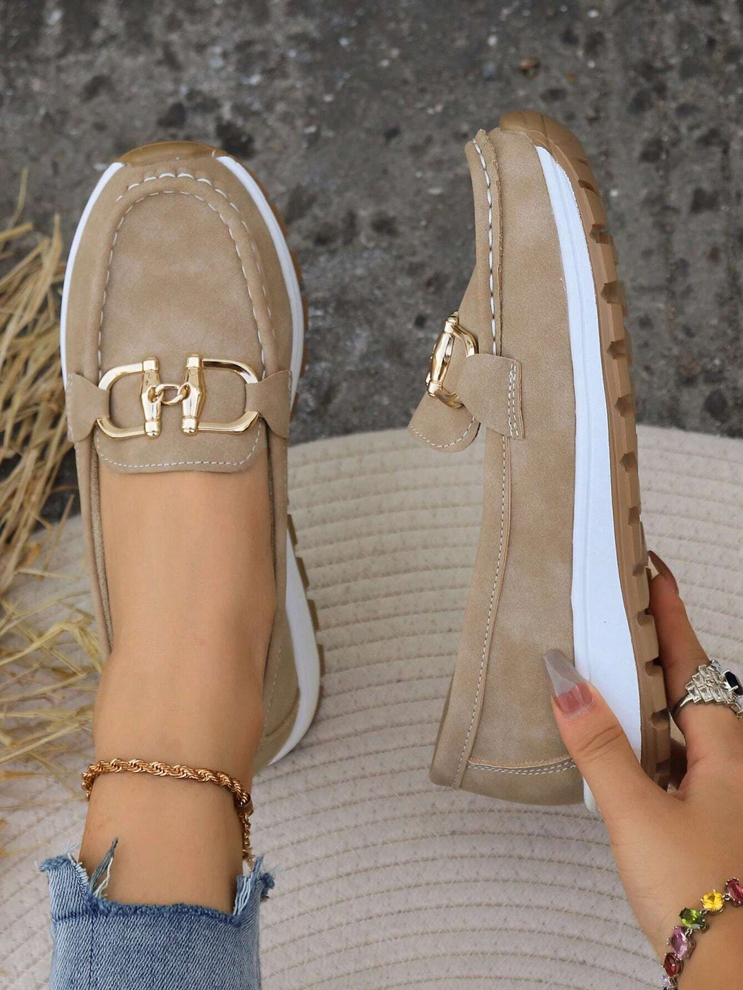 Versatile women's buckle loafers, comfortable flat slip-on shoes for work, casual outings, & daily wear.