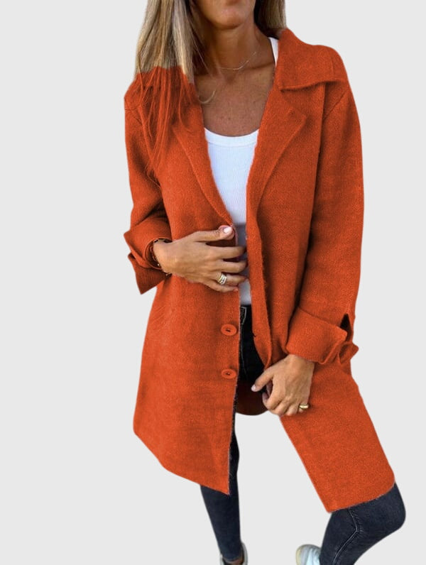 Classic notch lapel detail on a chic women's button blazer, enhancing professional business casual style.