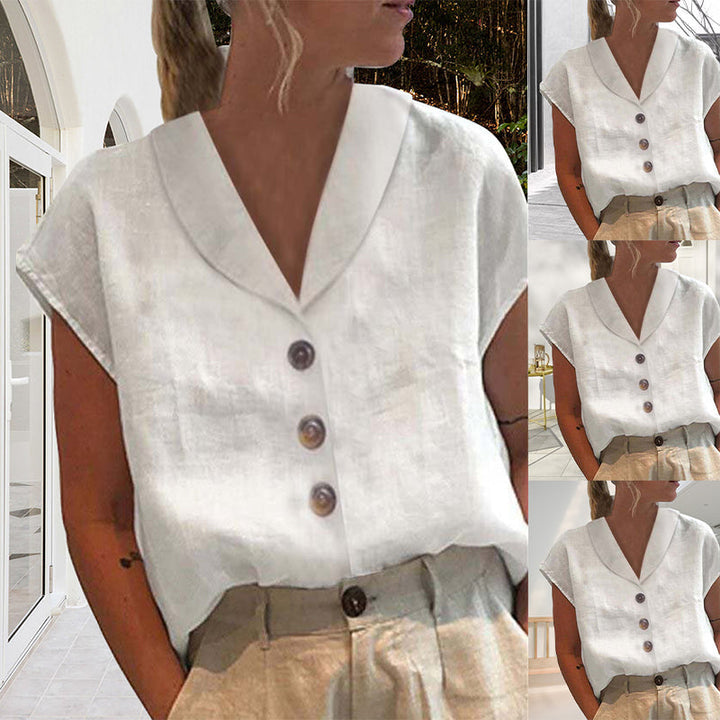 Chic women's button-down blouse with collar. Elegant & versatile, perfect for office or casual spring/summer wear.