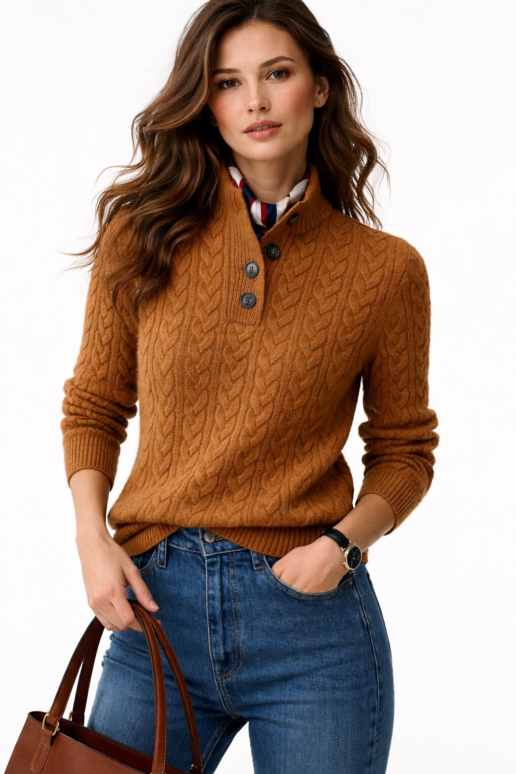 Chic women's cable knit pullover sweater with button-neck detail, perfect for cozy fall & winter style.