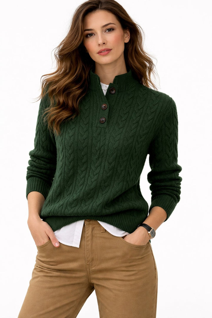 Elegant women's cable knit sweater, a versatile button-neck pullover ideal for smart casual fall fashion.