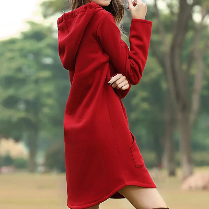 Women's long sleeve hoodie dress featuring a drawstring hood & comfortable relaxed fit, perfect for casual days.