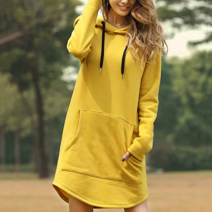 Comfortable women's casual dress, A-line cut with long sleeves & drawstring hood, ideal for relaxed everyday style.