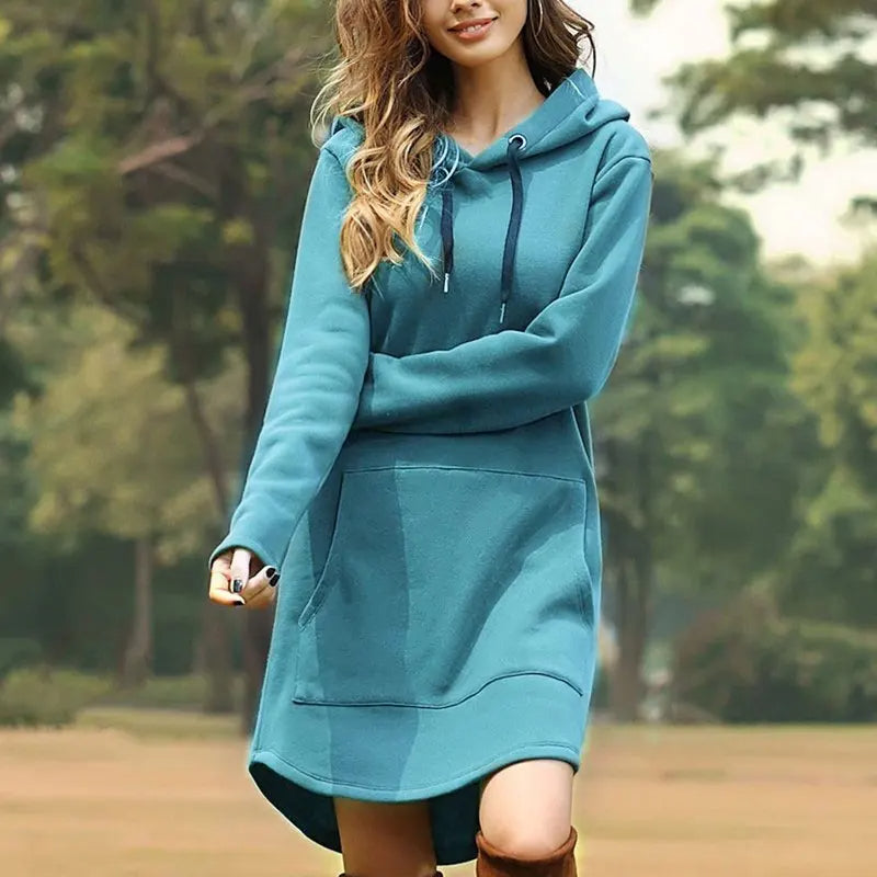 Effortless women's hoodie dress, chic cocoon style, long sleeve, relaxed fit for ultimate comfort & everyday fashion.