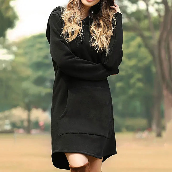 Women's versatile long sleeve dress, relaxed A-line fit, drawstring hood, combines fashion with everyday comfort.