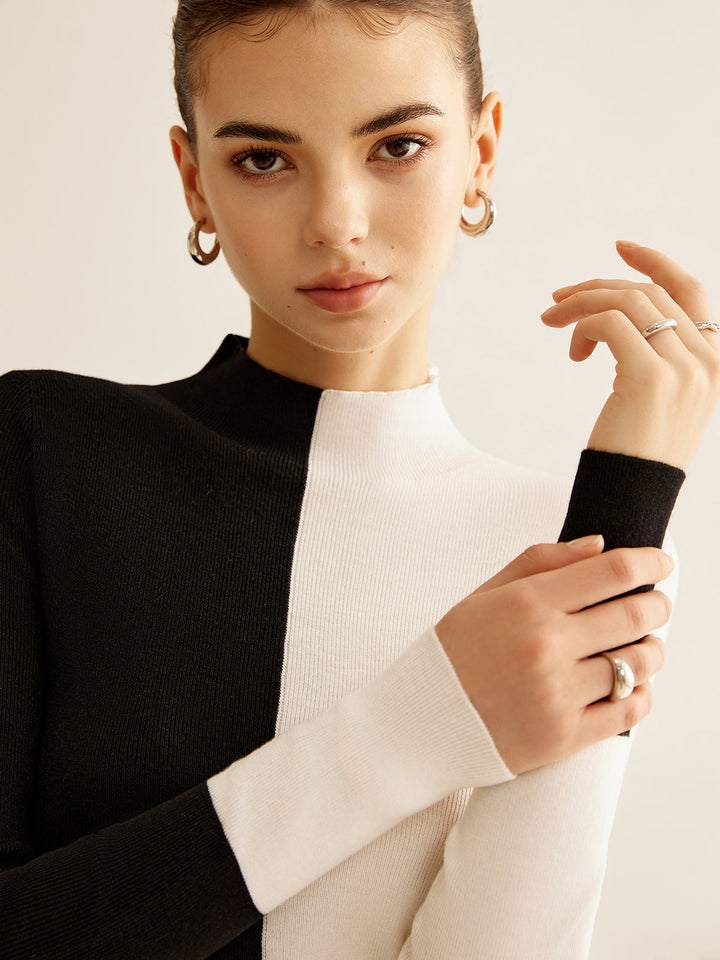 Modern long sleeve woolen sweater for women, featuring a stylish color block design.