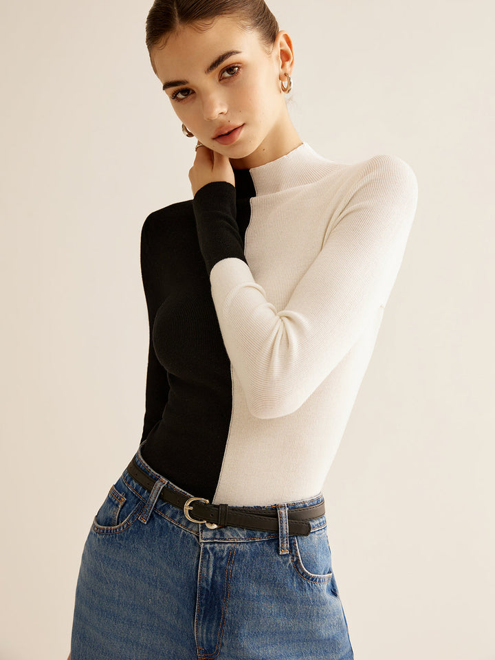 Versatile women's color block long sleeve sweater, offering comfort & modern style.