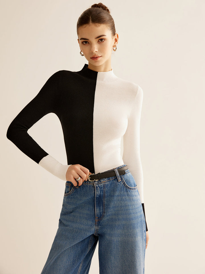 Cozy women's wool blend color block sweater, a must-have for chic fall and winter wardrobes.