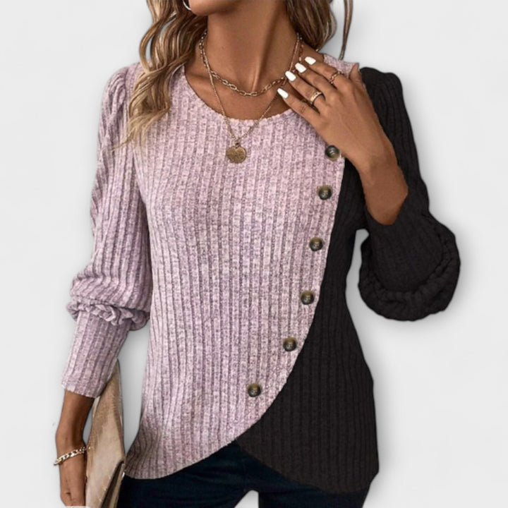Versatile women's colorblock asymmetric blouse. Comfortable long sleeve top, ideal for chic casual outfits or office wear.