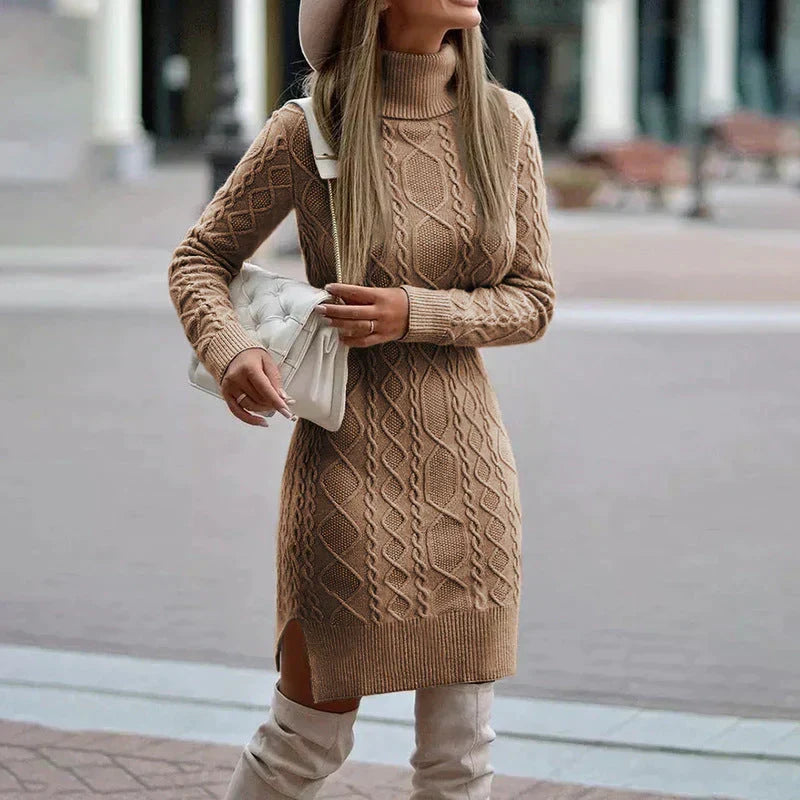 Chic women's cozy beige turtleneck cable knit sweater midi dress, long sleeve, perfect for winter comfort & style.