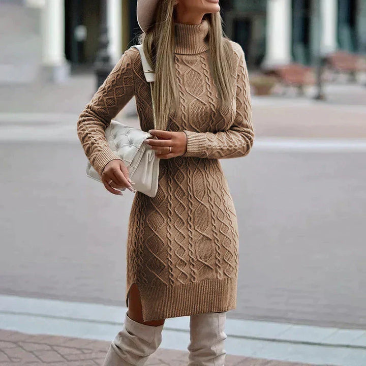 Chic women's cozy beige turtleneck cable knit sweater midi dress, long sleeve, perfect for winter comfort & style.
