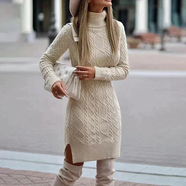 Comfortable women's long sleeve red cable knit turtleneck midi sweater dress, warm and chic for winter.