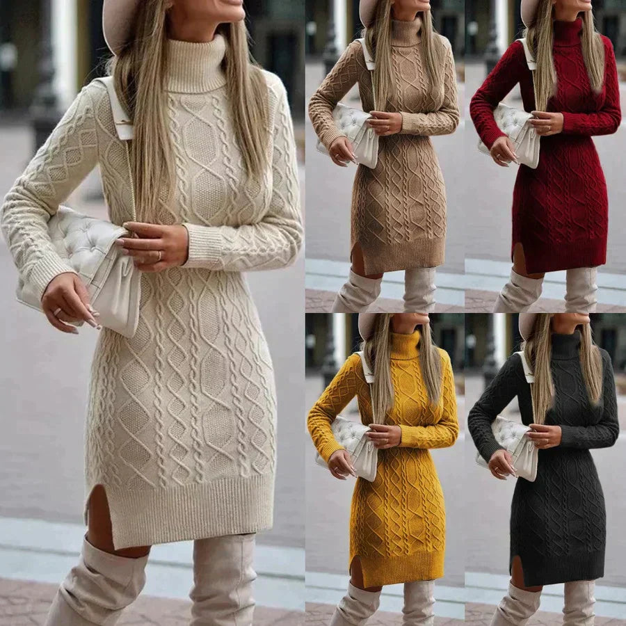 Cozy women's cream cable knit turtleneck midi sweater dress, long sleeve, warm & chic for autumn/winter fashion.