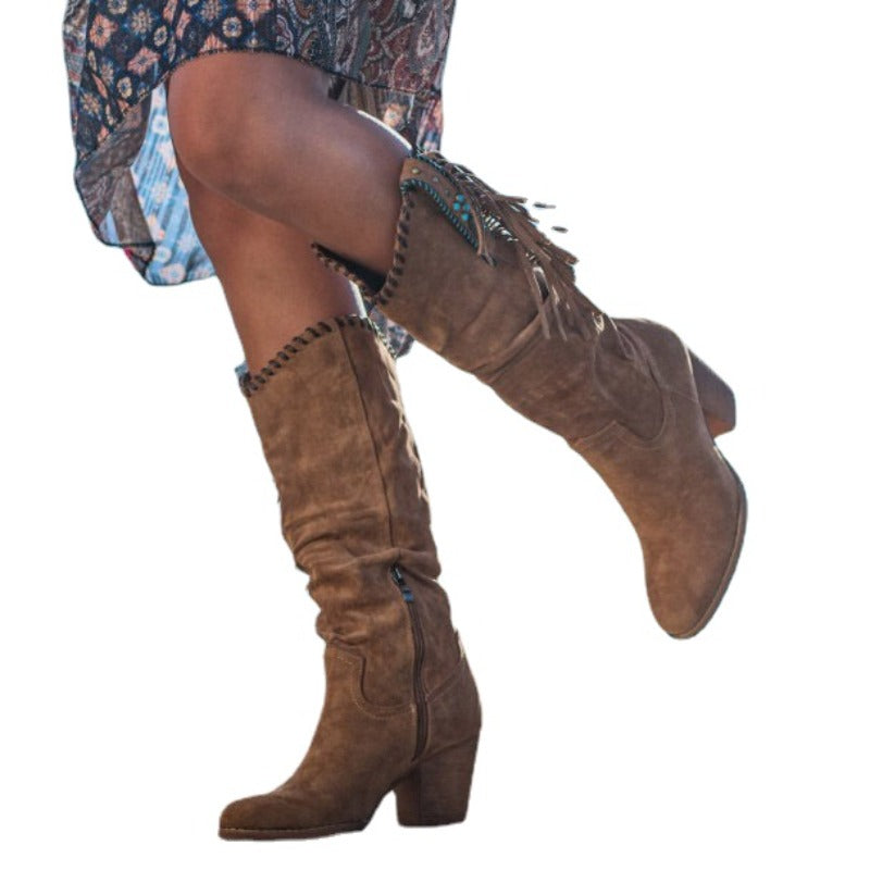 Elegant women's Dakota knee-high western boots with fringe & studs, pointed toe, for stylish footwear.