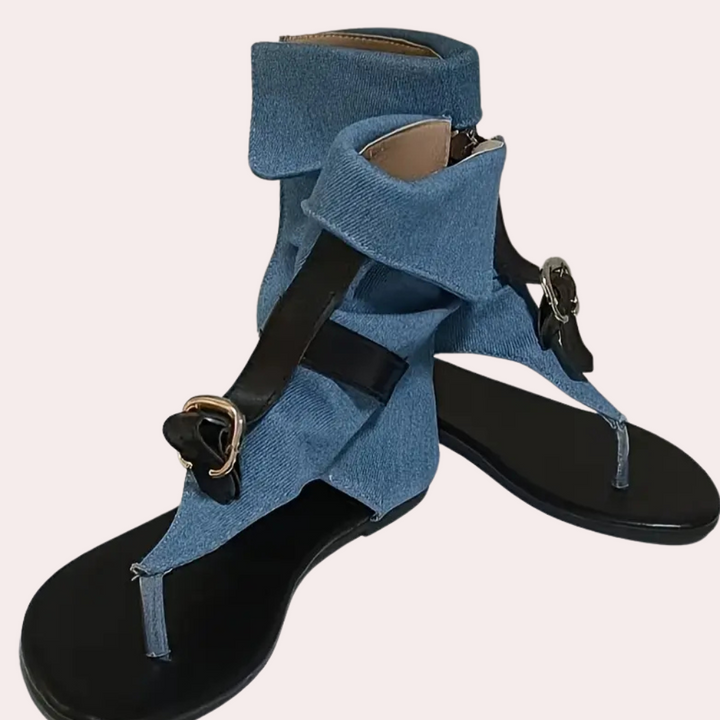 Nova women's chic denim flat sandals, combining comfort & casual style. Perfect trendy summer beach footwear.