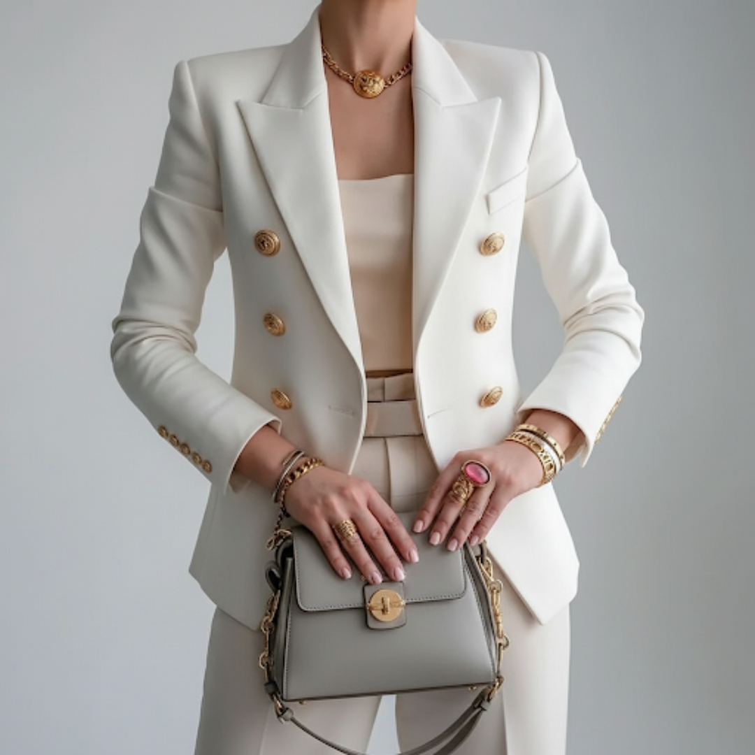 Chic women's double-breasted blazer with elegant gold buttons, perfect for professional office wear & tailored style.
