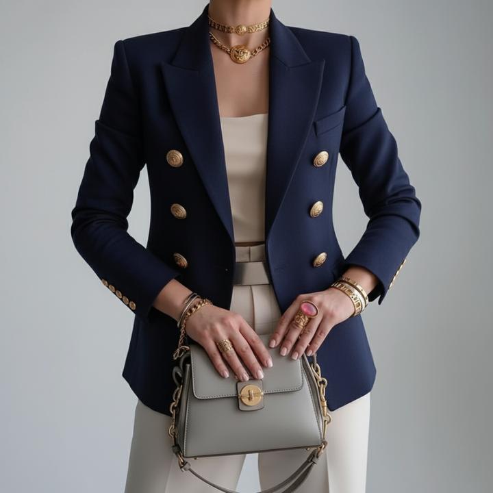Elegant women's tailored blazer, double-breasted design with stylish gold buttons, ideal for chic dinner attire.