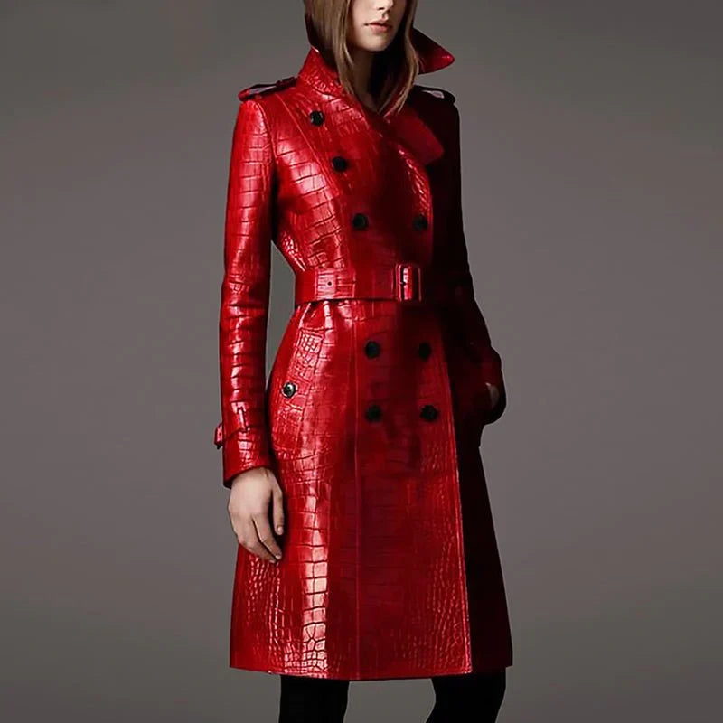 Chic women's double-breasted trench coat, classic outerwear. Perfect for fall fashion & versatile styling.