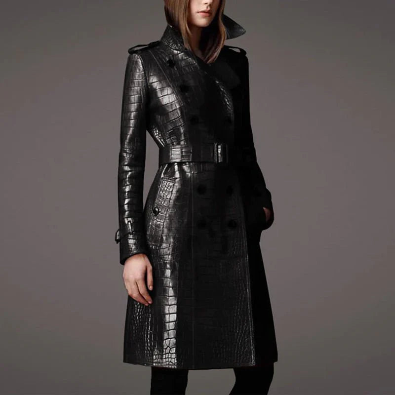 Elegant women's long trench coat with double-breasted design. Stylish and versatile for fall/winter wear.