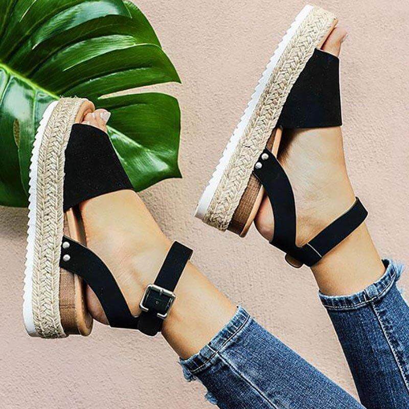 Trendy open-toe espadrille wedge sandals for women, perfect casual footwear.