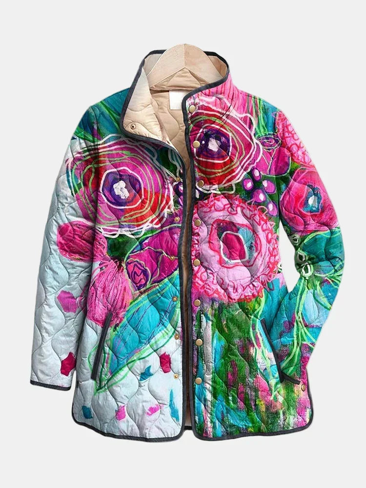 Chic women's floral print jacket for versatile everyday style, perfect for spring or fall layering.