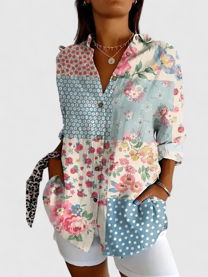 Chic women's floral v-neck short sleeve blouse, perfect for versatile casual or office wear. Elegant and comfortable.