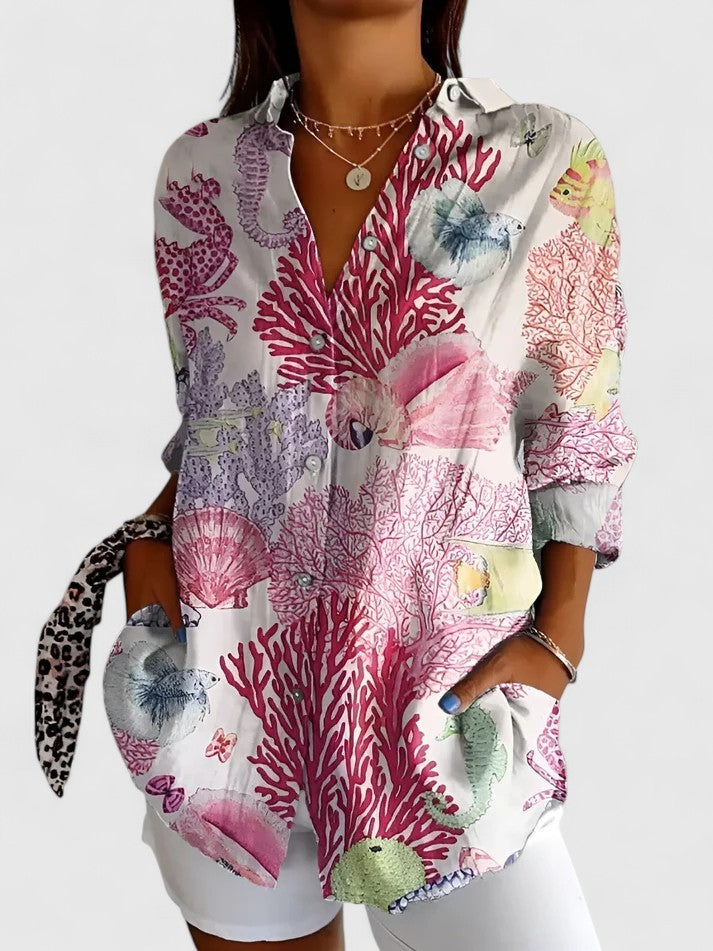 Ladies' elegant floral print short sleeve v-neck top, a chic blouse for spring, summer, office, or casual fashion.