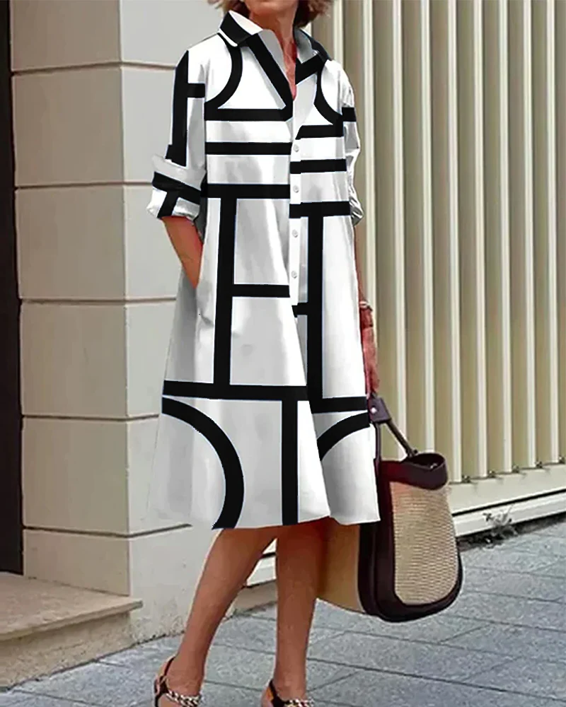 Elegant women's geometric print casual dress with convenient pockets, comfortable for summer days & workwear.