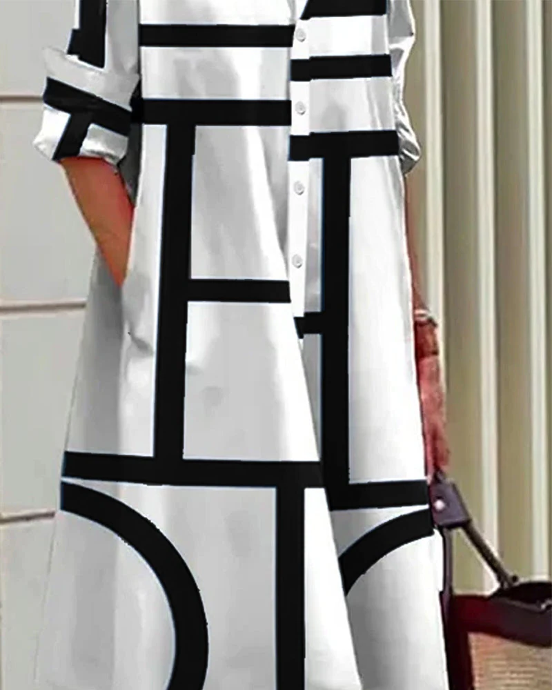 Women's geometric print midi dress with pockets. Perfect for summer, casual outings, or a chic party look.