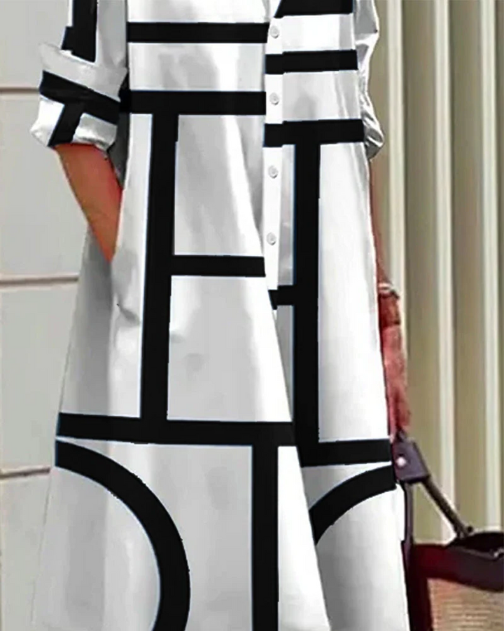 Women's geometric print midi dress with pockets. Perfect for summer, casual outings, or a chic party look.