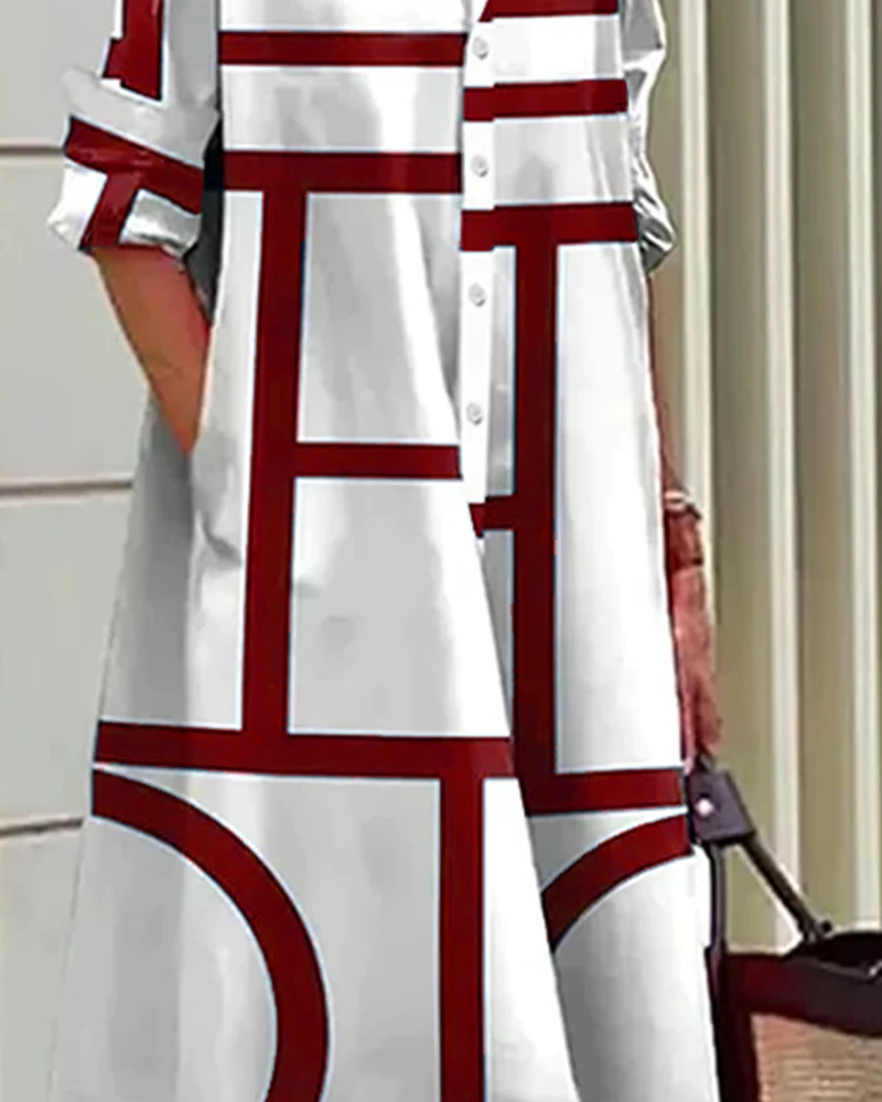 Chic women's geometric print midi dress, featuring functional pockets. A versatile choice for summer, parties, or work.