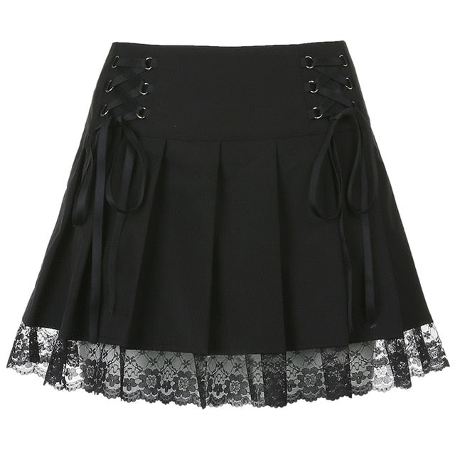 Chic women's high-waist lace mini skirt. Flattering aesthetic style perfect for fashion-forward looks.